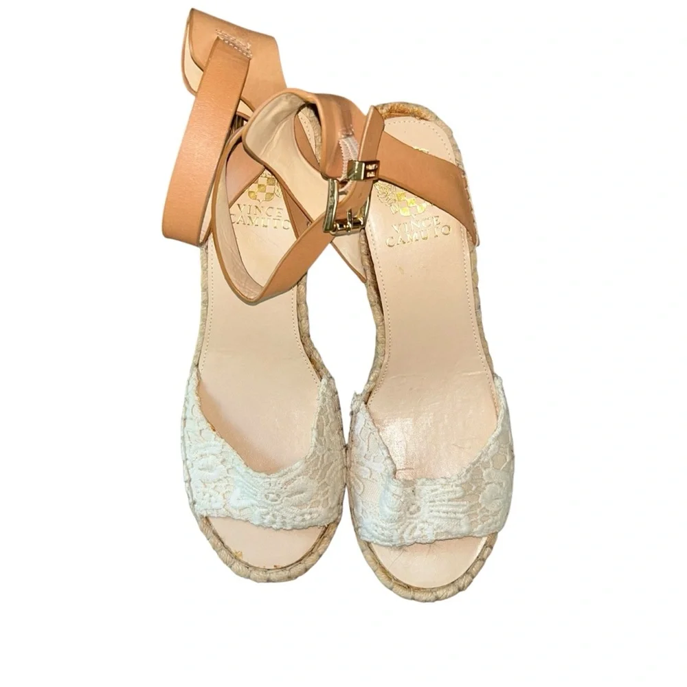 Vince Camuto Tesa Espadrille Wedge Sandals Cream Lace Leather Ankle Strap 9‎ 39